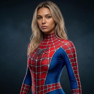 May include: A long-sleeved bodysuit featuring a red and blue colour scheme with a black spider emblem on the chest. The red sections are covered in a black web pattern, while the blue sections have a textured grid design throughout the fabric.