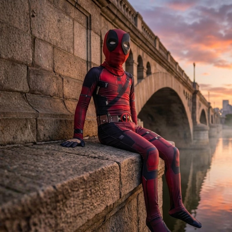 May include: A red and black Deadpool costume with a mask, belt, and gloves. The costume is worn by a person sitting on a stone wall. A bridge and water are in the background, with a colorful sunset.