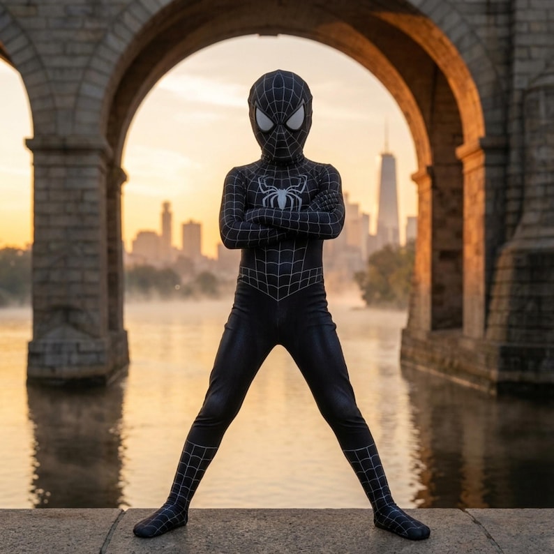 May include: A black Spider-Man costume with a white spider emblem on the chest and a web pattern. The costume includes a full head covering with white eye lenses. The person is standing in front of a bridge with a city skyline in the background.