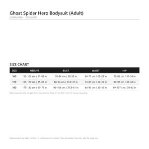May include: A size chart for a Ghost Spider Hero Bodysuit, featuring columns for size, height, bust, waist, and hip measurements in both centimeters and inches. The table lists sizes 160, 170, and 180 with corresponding body measurement ranges.