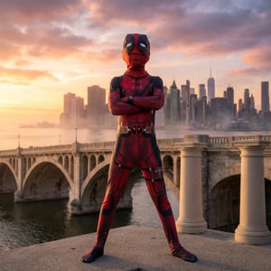 May include: A red and black Deadpool costume with a mask, standing with arms crossed. The costume features a belt with a Deadpool logo. The background includes a bridge, water, and a city skyline under a sunset sky.