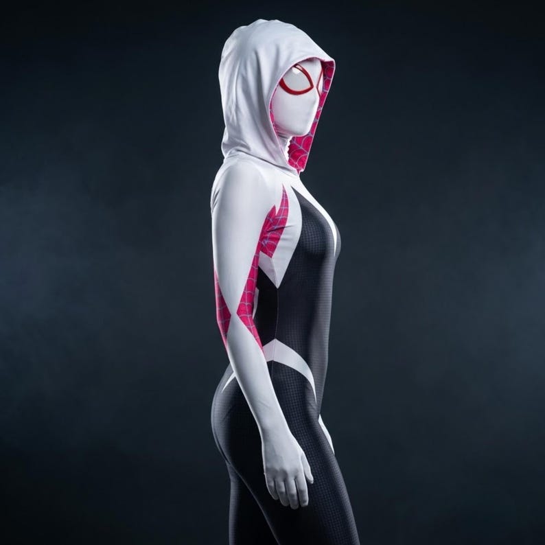 Side view of Spider Gwen cosplay suit with hooded mask, fitted full-body design and pink web pattern.