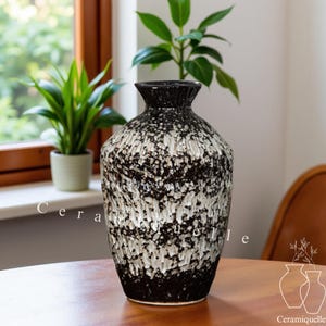 Wabi Sabi Ceramic Vase -Textured Black and White Handmade Pottery, Japandi Minimalist Rustic Decor, Artisanal Flower Holder Centerpiece