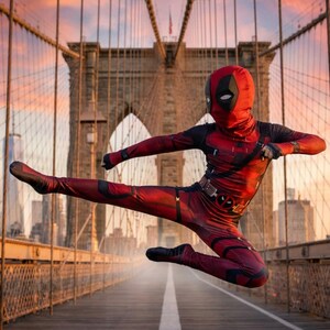 May include: A person in a red and black Deadpool costume leaps in front of the Brooklyn Bridge. The costume features a mask with white eye cutouts and a utility belt. The background shows a sunset over the city.