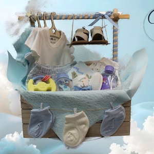 Cesta de presentes para bebê menino – Conjunto de itens essenciais para recém-nascidos – Chá de bebê ou presente para novas mamães