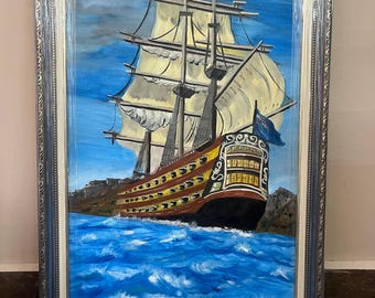 夜の帆船の油絵：アレクサンダー・シェンデロフによるキャンバスに描か