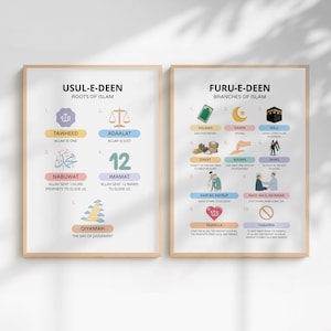 May include: Two framed posters with light wood frames. The left poster is titled "Usul-E-Deen, Roots of Islam" and the right poster is titled "Furu-E-Deen, Branches of Islam". Each poster has colorful illustrations and text.