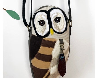 Owl Bag, Felt Patchwork Owl Bag, Woodland Owl Bag, Owl Patchwork Bag, Owl Bags, Mixed Materials Owl Bag, Cross Body Bag