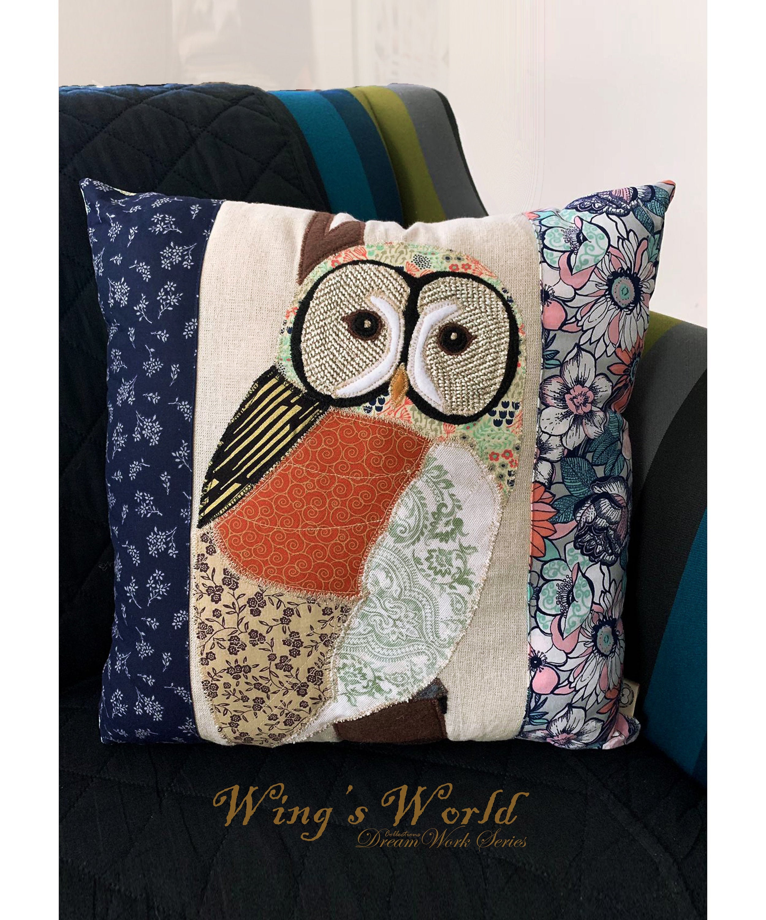 Owl Pillow, Owl Patchwork Pillow, Owl Decorative Pillow, Tawny Owl, Large Pillow Cushion, Woodland A