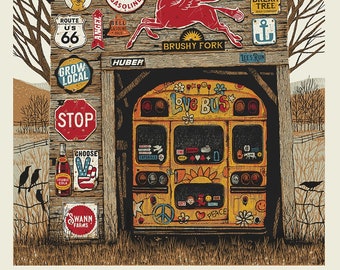 Barn Bus silkscreen, Home Decor, Wall Art, Old Barn, School Bus, Hippie Bus