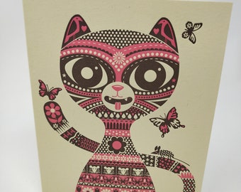 Spring Kitty Bouquet Greeting Card, Letterpress, Blank Card, Pink, Kitty, Springtime