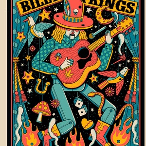 May include: A vibrant concert poster for "Billy Strings" featuring a guitar-playing figure with a hat and boots. The poster includes stars, a horseshoe, dice, and flames. The date and location are also displayed.