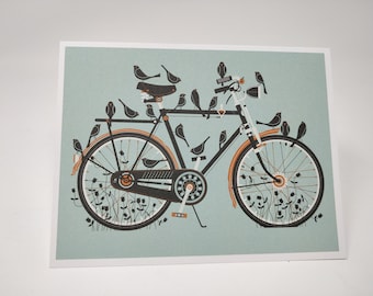 Bird Bike Greeting Card, Letterpress, Blank Card, Blue, Bicycle, Birds