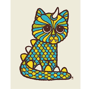 Dino Cat Screenprint, home decor, wall art, cat art, cat lovers