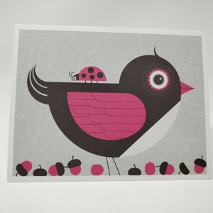 Carte de voeux Birdy, typographie, carte vierge, printemps, oiseau, punaises, glands, rose