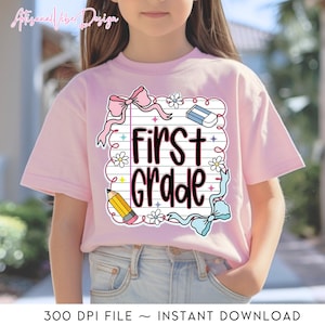 Preppy First Grade Teacher Blue Floral Png, Coquette Pencil Bow Png, Preppy Back To School, Trendy Gift For Kids, Doodle Hand Drawn Teacher