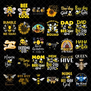 Puede incluir: Una colección de varios diseños con temática de abejas en amarillo y negro, con textos como "Bee Cool", "Bee Squad" y "Mama Bee". Los diseños incluyen ilustraciones de abejas, girasoles y patrones de panal, ideales para ropa o manualidades.