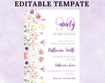 Modèle d'Invitation pour 90e anniversaire : motif floral pastel (téléchargement numérique sur toile, 5 x 7 pouces)
