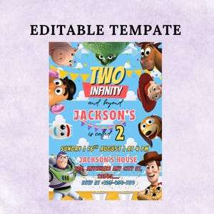 Bewerkbare Toy Story-verjaardagsuitnodiging, cartoon verjaardagsfeestje uitnodigen, digitale download, bewerkbare kinderverjaardagsfeestje, canva-sjabloon