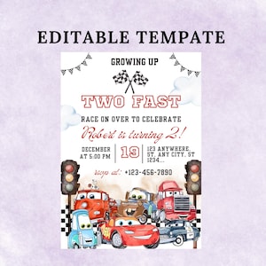 May include: Editable birthday party invitation template with a racing car theme. The design includes the text "TWO FAST" and cartoon car illustrations. The invitation states "Robert is turning 2!" and includes event details.