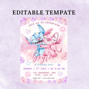 May include: An invitation template with the text "EDITABLE TEMPATE". The design features a blue and pink cartoon character hugging, with floral and butterfly accents. The invitation reads "Join us to celebrate" and includes event details.