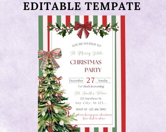 Puede incluir: Una invitación a una fiesta de Navidad con un diseño festivo. La invitación presenta un árbol de Navidad en acuarela, rayas rojas y verdes y un lazo. El texto incluye "A Merry Little Christmas Party" y detalles del evento.