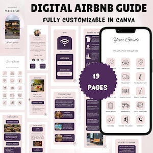 Puede incluir: Guía digital de Airbnb totalmente personalizable en Canva, con 19 páginas. Incluye una página de bienvenida, información sobre servicios y atracciones locales. Maqueta de smartphone con iconos.
