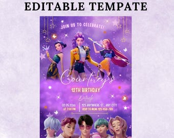 K-pop Demon Hunter Birthday Invitation, Editable Canva Template, Anime Party Invite, Digital Download Printable