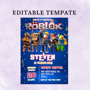 May include: A blue Roblox-themed birthday party invitation with the text "EDITABLE TEMPLATE" at the top. The invitation features Roblox characters and details for the party, including the date, time, and location.
