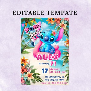 Stitch Pool Party-verjaardagsuitnodiging voor jongens met bedankkaartjes en telefoonuitnodiging | Zomerstrandcanvasjabloon downloaden
