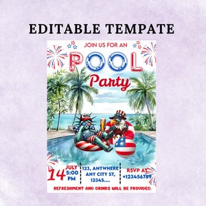Editable Independence Day Pool Party Patriotic Invite, 4Th Of July Pool Party Invitation Invite Editable Template Instant Download