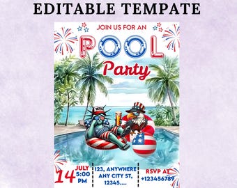 Editable Independence Day Pool Party Patriotic Invite, 4Th Of July Pool Party Invitation Invite Editable Template Instant Download