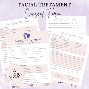 May include: A pink and white client consultation form for a facial treatment business. The form includes sections for client information, skin concerns, skin allergies, medical information, and skin care history. The form also includes a section for client goals and a section for the client to indicate what they would like to change or improve about their skin. The form is titled "Facial Treatment Client Consultation Form".