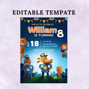 Plantilla editable de invitación de cumpleaños de Dog Man / Invitación de Dog Man / Invitación de película de cumpleaños para niños de DogMan / Plantilla de Canva / Descarga instantánea