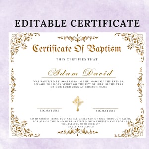 Plantilla de certificado de bautismo editable, certificado de bautismo imprimible, certificados de bautismo de bebé personalizados, plantilla de Canva para iglesia