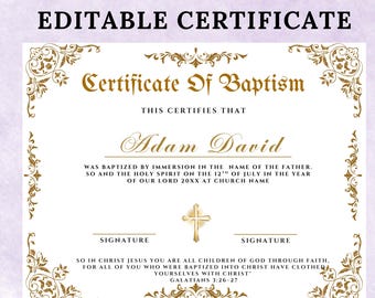 Editable Baptism Certificate Template, Printable Certificate Of Baptism, Custom Baby Baptism Certificates, Canva Church Template