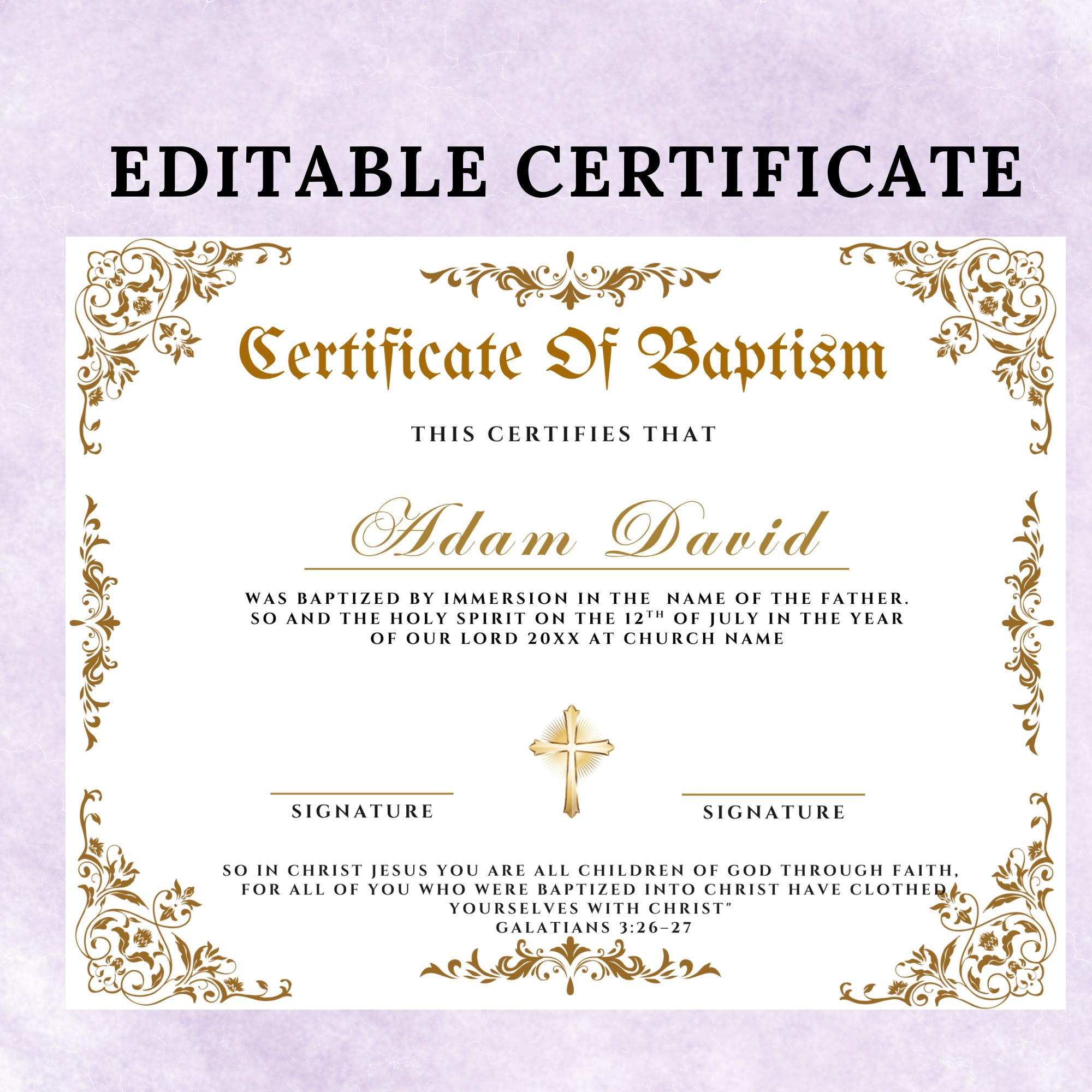 Editable Baptism Certificate Template, Printable Certificate Of Baptism, Custom Baby Baptism Certificates, Canva Church Template