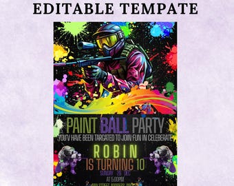 Editable Paintball Party Invitation, Paintball Birthday Invitation For Boy, Paintball Birthday Theme Party Canva Template, Instant Download