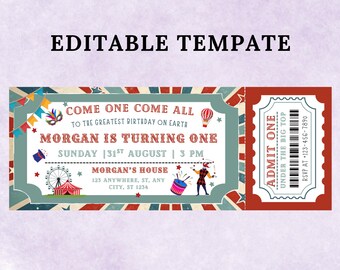 May include: A vintage-style birthday invitation designed as a circus ticket. The invitation includes the text "Come One Come All" and "Morgan is Turning One." The design incorporates a Ferris wheel, hot air balloon, and a performer.