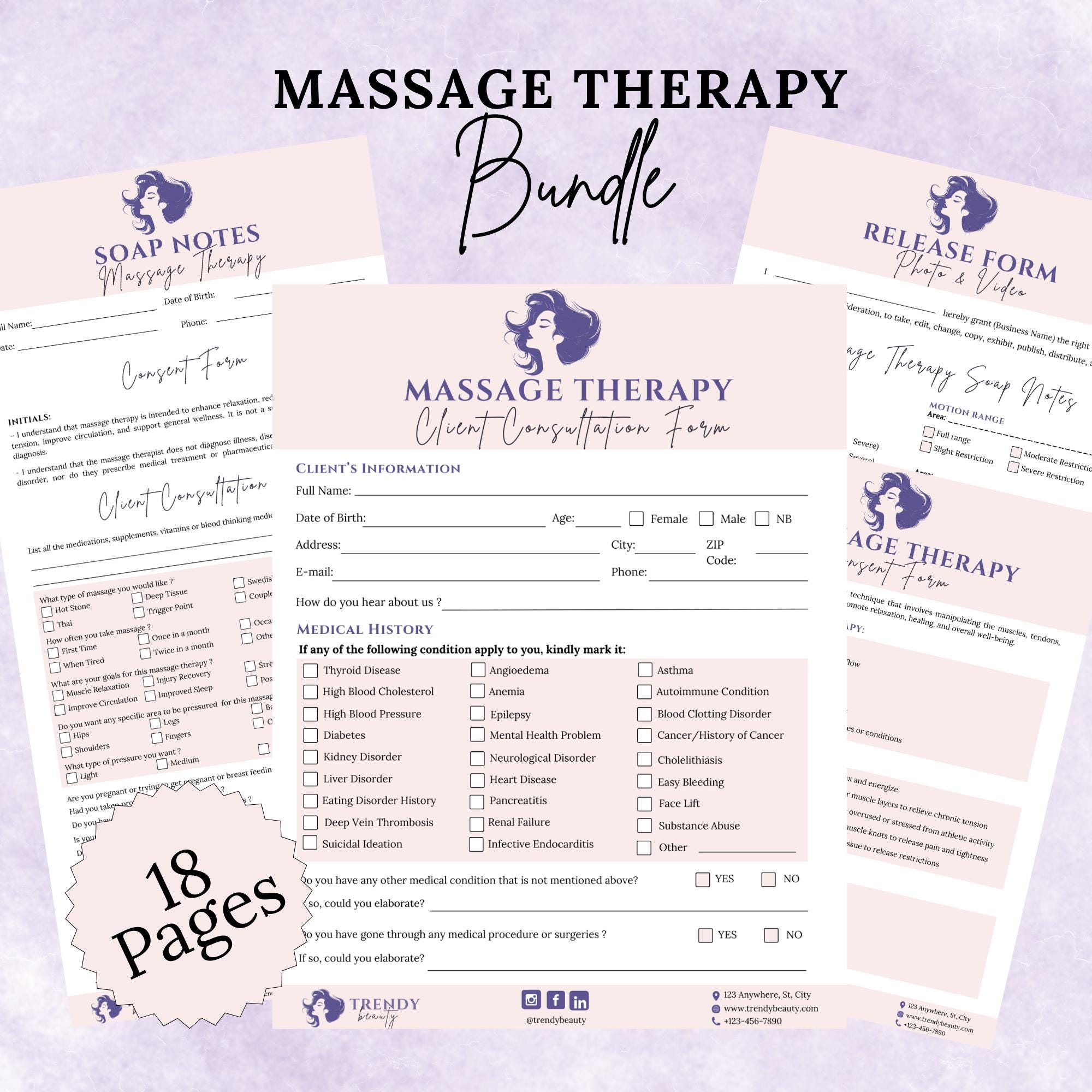 Message Paperwork Massage Therapy Forms Bundle: Client Intake, SOAP Notes (canva Template ...