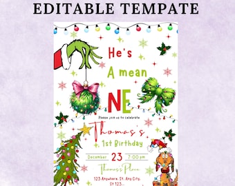 Könnte beinhalten: Eine festliche Einladung mit dem Text "He's a mean ONE" in Grün und Rot, mit Illustrationen zum Thema Grinch. Die Einladung enthält Details für eine 1. Geburtstagsfeier, mit einem Weihnachtsbaum und dem Grinch-Charakter.