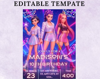 Editable KPop Demon Hunter Birthday Invitation Template, Huntrix Birthday Digital Invites, Custom K-pop Theme Birthday Card, Canva Template
