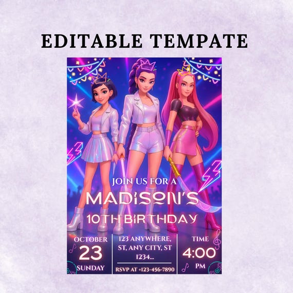 Editable Kpop Demon Hunter Birthday Invitation Template, Huntrix