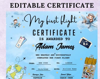 My First Flight Certificate Toddler Award Surprise Vacation Gift Template Instant Download Self Editable Template, Printable Kid Certificate