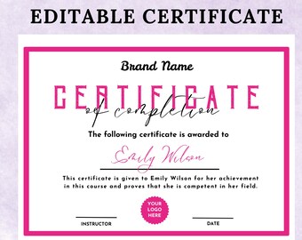 Plantilla rosa de certificado de finalización: Diseño DIY femenino (descarga digital)