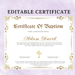 Plantilla de certificado de bautismo editable, certificado de bautismo imprimible, certificados de bautismo de bebé personalizados, plantilla de Canva para iglesia