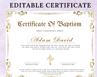 Editable Baptism Certificate Template, Printable Certificate Of Baptism, Custom Baby Baptism Certificates, Canva Church Template