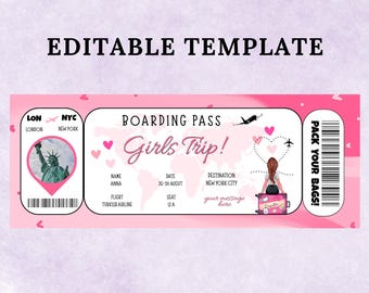 Editable Boarding Pass Template: Girls Trip Airline Ticket Invite (Digital Download, Canva Edit)