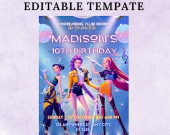 Invito di compleanno modificabile per cacciatori di demoni Kpop, invito per festa K-pop, biglietto digitale a tema BTS, decorazioni per feste di compleanno per i fan dei cacciatori di demoni