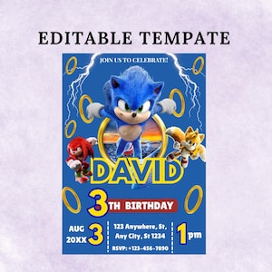Convite de aniversário do Sonic personalizável | Convite editável para festa do Sonic | Download instantâneo | Convite do Sonic, o ouriço